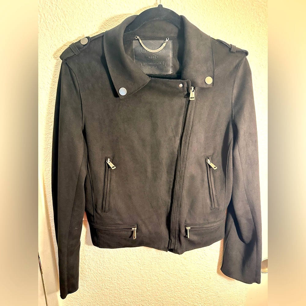 Guess Black faux Leather Motorcycle Jacket with Fitted Silhouette. Size Small.